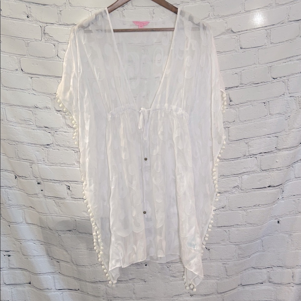 Lilly Pulitzer White Sheer Swimsuit Pom Pom Trim Swimsuit Cover-Up Size XX-Small
